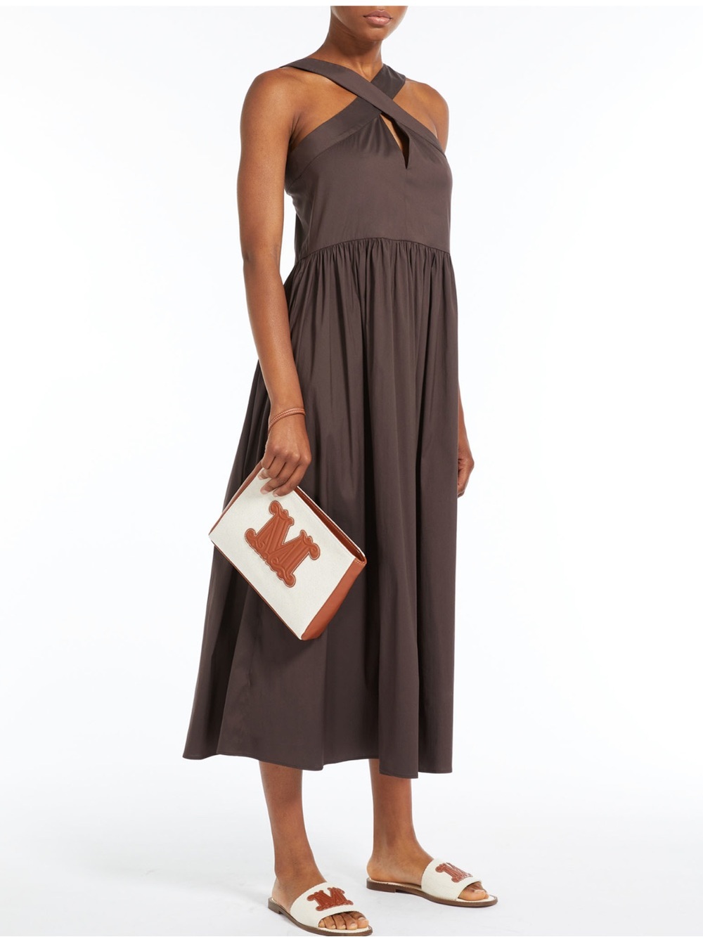 MaxMara Deep V-Neck Sleeveless Maxi Dress in Dark Brown